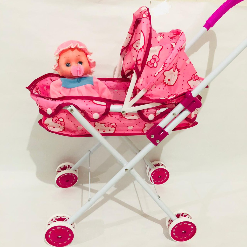 Mainan Stroller Bayi Besi + Boneka Barbie / Trolley Baby / Dorongan Boneka