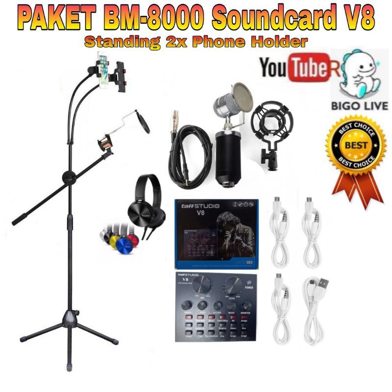 Paket Komplit Mic BM8000 Soundcard V8 Stand Berdiri Standing Holder Tripod with 2 x phone Holder