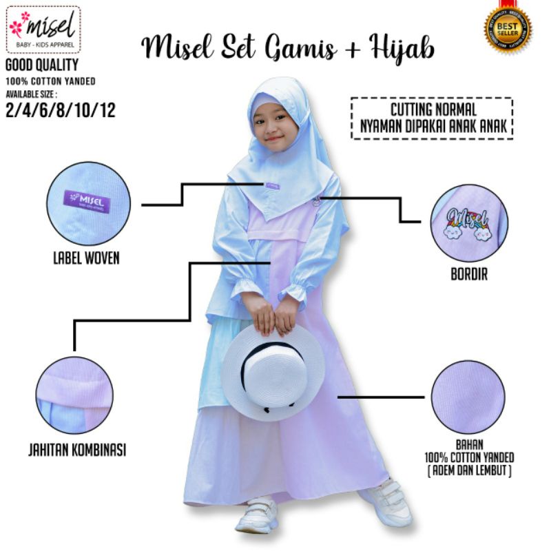 GAMIS ANAK PEREMPUAN + HIJAB  MEREK MISEL  3-9 TAHUN