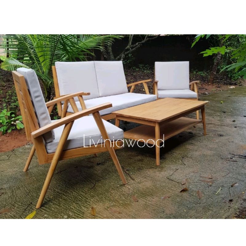 Set kursi sofa minimalis kayu jati, meja tamu scandinavian retro Jepara