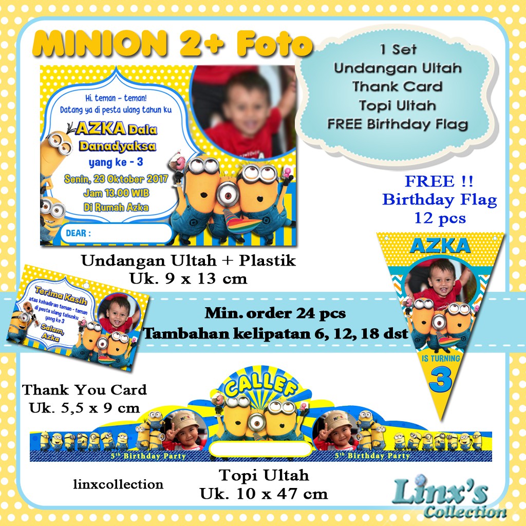 Souvenir Ultah 1 Set Paket Undangan Ultah Anak Kartu Souvenirtopi Ulang Tahun Minion