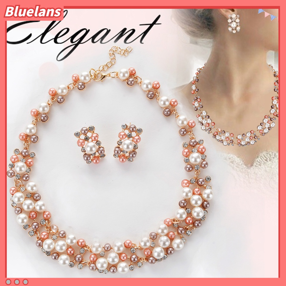 Bluelans 2Pcs / Set Kalung Dan Anting Mutiara Berlian Imitasi Untuk Wanita