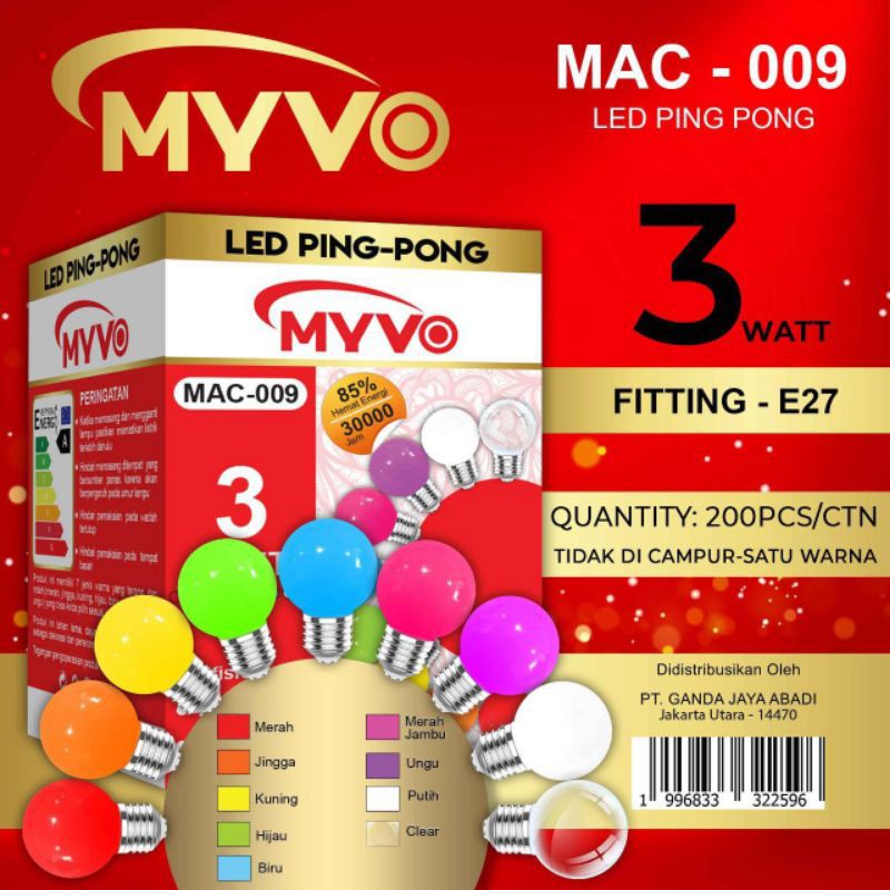 Lampu Led warna 3 watt / Bolam Led Myvo Ping Pong/ Lument E27 MURAH