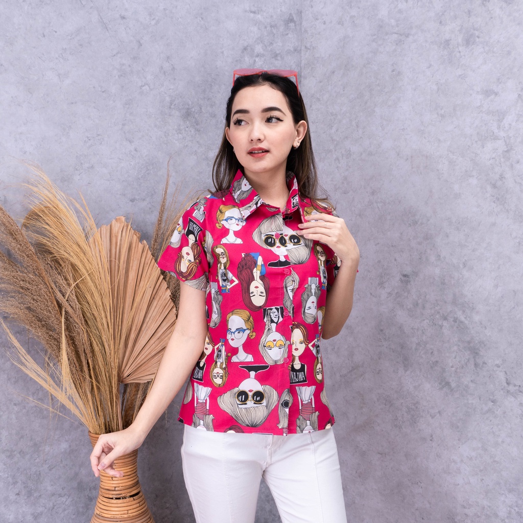 VS - KEMEJA VINTAGE MOTIF RETRO WANITA LENGAN PENDEK | KEMEJA WANITA SALE