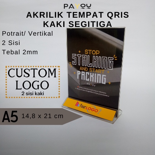 

Acrylic Standing A5 Custom Logo Kaki Segitiga Potrait/ Tempat QRIS/ Brosur/ Menu