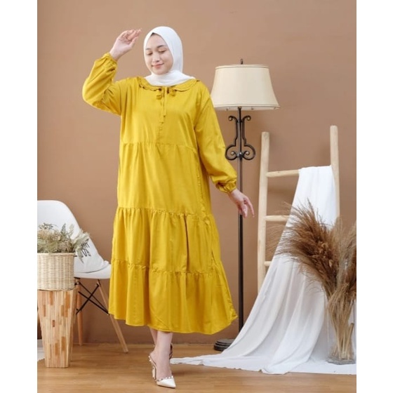 BAJU GAMIS WANITA REMPEL SUSUN-MIDI DRESS MUSLIM RAYON PREMIUM MOTIF POLOS TERBARU KEKINIAN