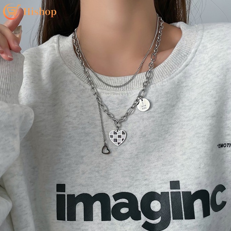 Kalung Rantai Choker Liontin Hati Hollow Ganda Warna Silver Gaya Hip Hop Untuk Aksesoris Perhiasan