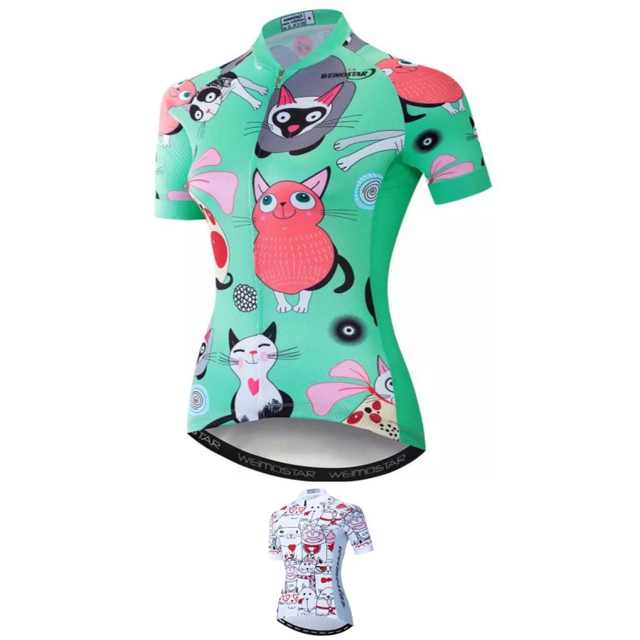 WEIMOSTAR Jersey baju Sepeda Roadbike Wanita road bike love kucing - GREEN