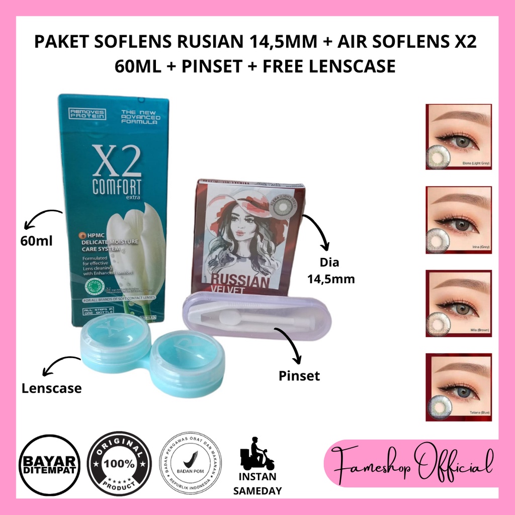 PAKET SOFTLENS RUSSIAN VELVET DIA 14,5MM NORMAL &amp; MINUS + CAIRAN X2 60ML + PINSET + LENSCASE / COD INSTAN SAMEDAY / LENSA KONTAK / PAKET MURAH