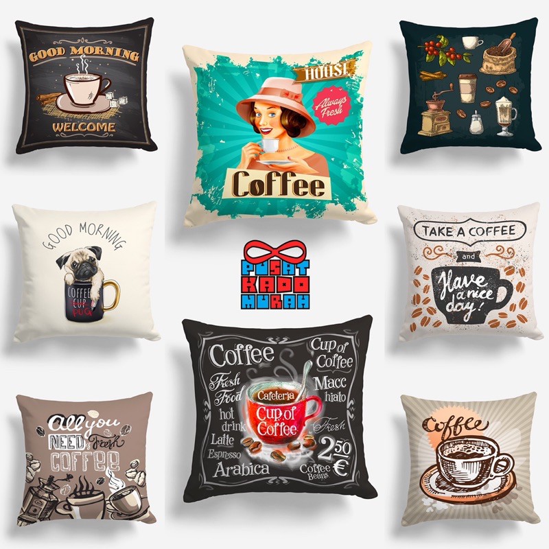 Bantal Sofa Print Motif Coffee Time Tema Kopi 40x40 cm untuk Cafe / Kafe / Rumah Kopi / Kedai Kopi - Pusat Kado Murah