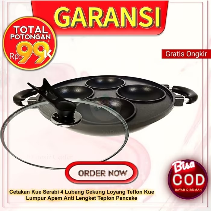 Cetakan Kue Serabi Apem Selong HAPPY CALL Teflon Serabi 4 Lubang Loyang Anti Lengket Pembuat Bikang