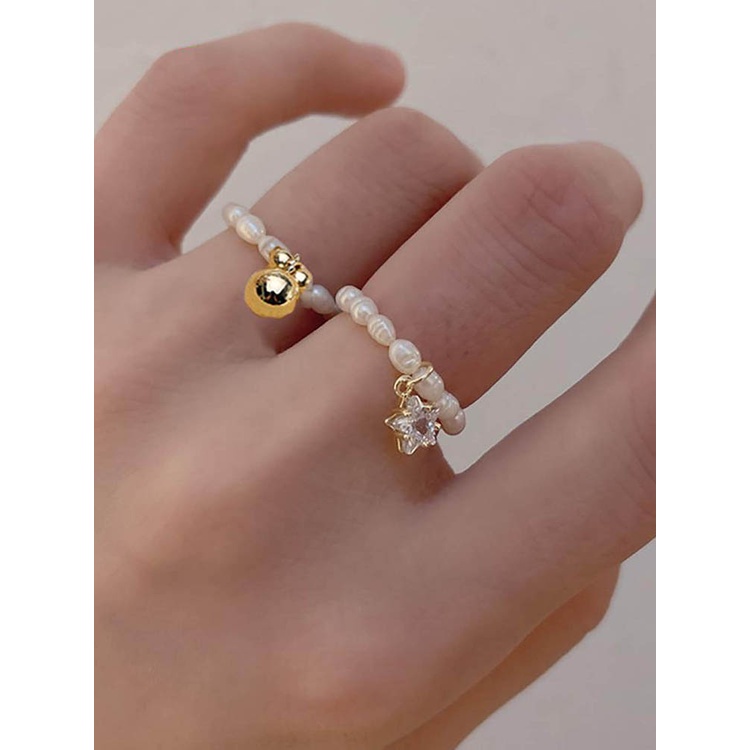 Cincin Elastis Bentuk Bintang Geometris Bahan Tembaga Zircon Aksen Mutiara Gaya Korea Untuk Wanita