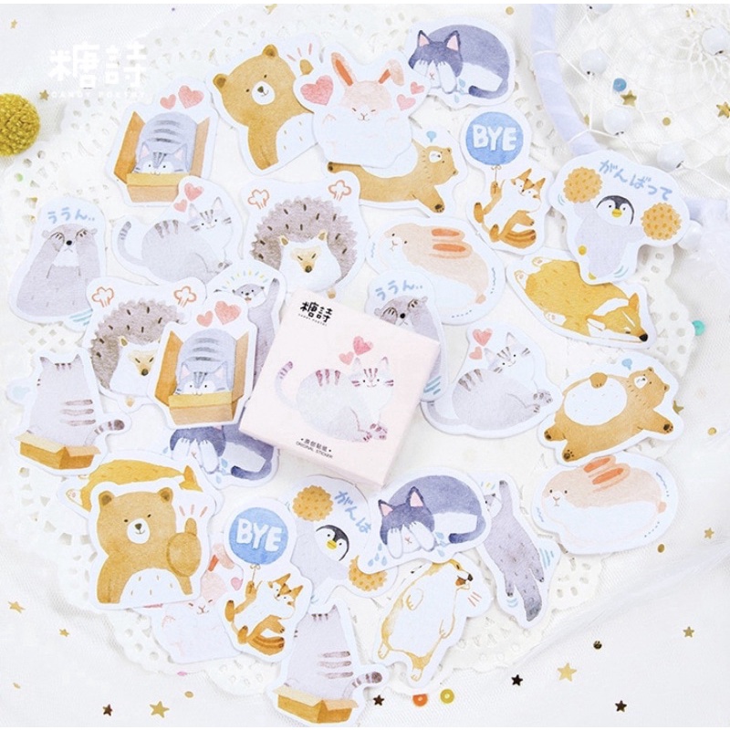(45 PCS) STICKER AESTHETIC CUTE BOX STIKER LUCU MURAH BINATANG ORANG BUNGA SCRAPBOOK STIKER HP-Lovely Animals