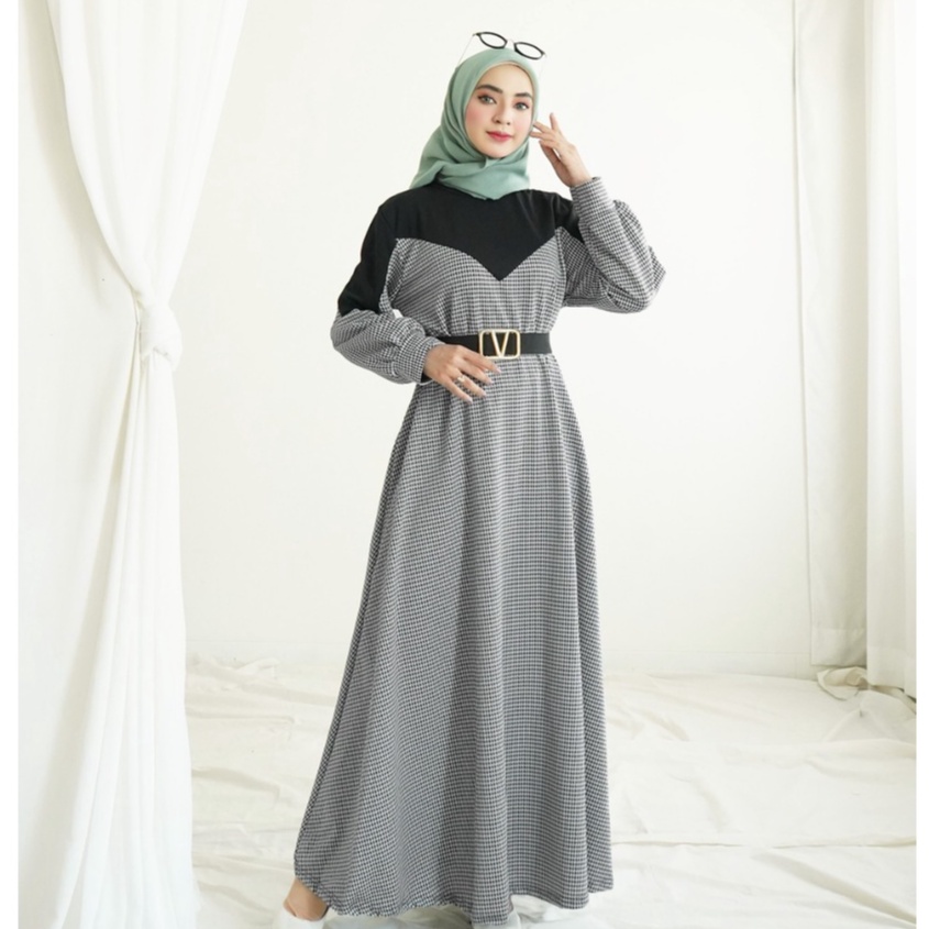 Gamis mayung motif houndstooth + sabuk valentino bahan voxy premium merk cocobee (926)