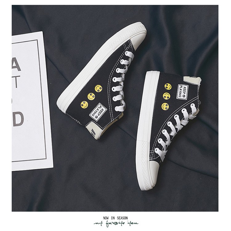 MFI Sepatu Wanita Sneakers Import Korea model High Top Bahan Kanvas Canvas Warna Hitam Logo Smile