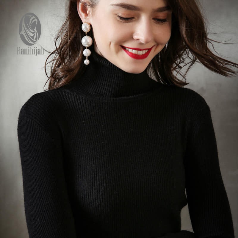 Sweater rajut wanita korea style RH - atasan rajut wanita - baju rajut wanita lengan panjang kerah tinggi motif salur turtleneck