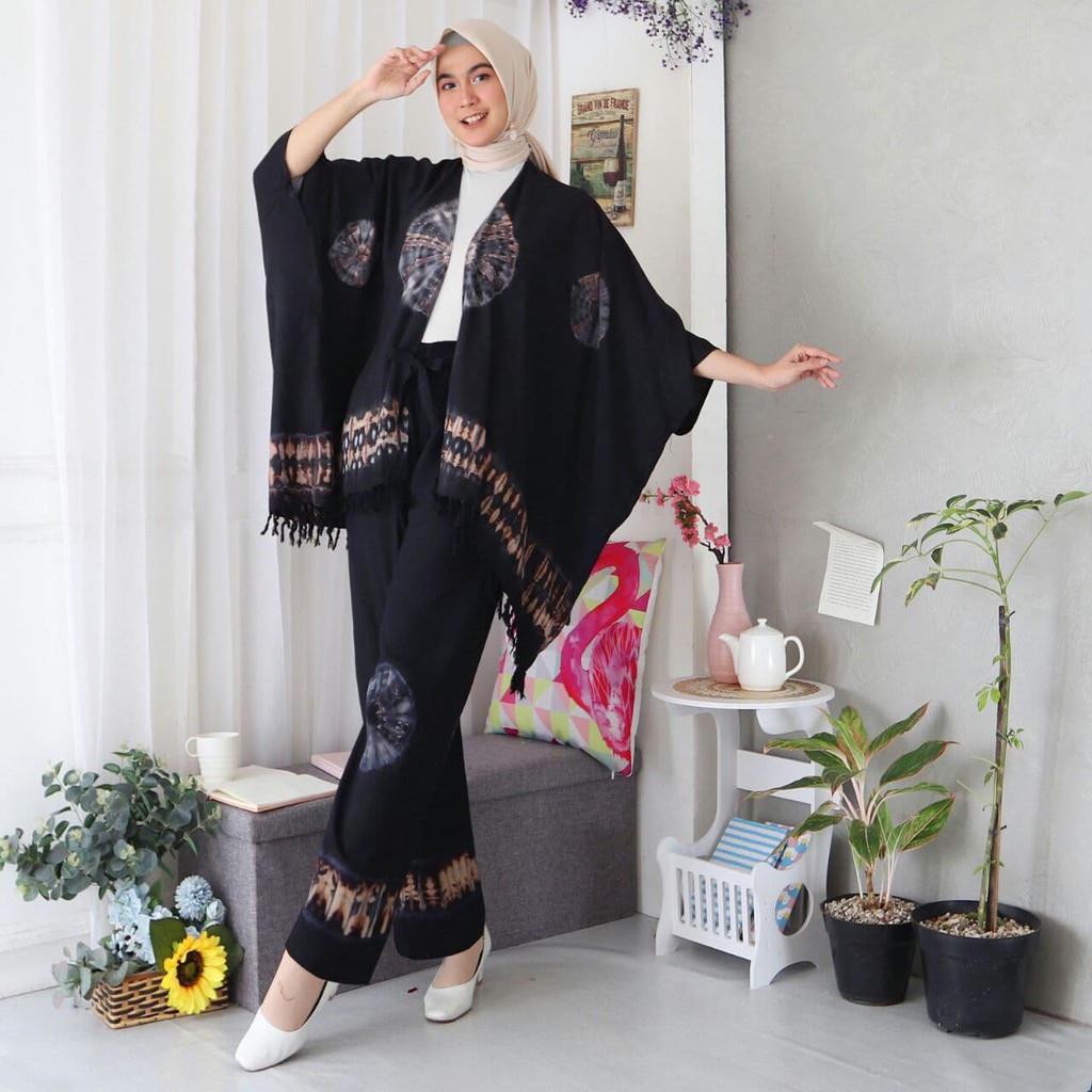Anora Set - One Set Wanita Jumbo Rayon Premium Setelan Wanita Waka Waka Lengan 7/8 Set Celana Panjang LD 140 cm
