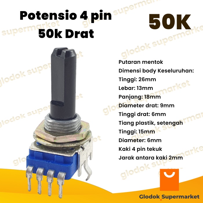 Potensio 4 pin 50k Drat Stereo Kaki 4 Tekuk Segi Biru 503