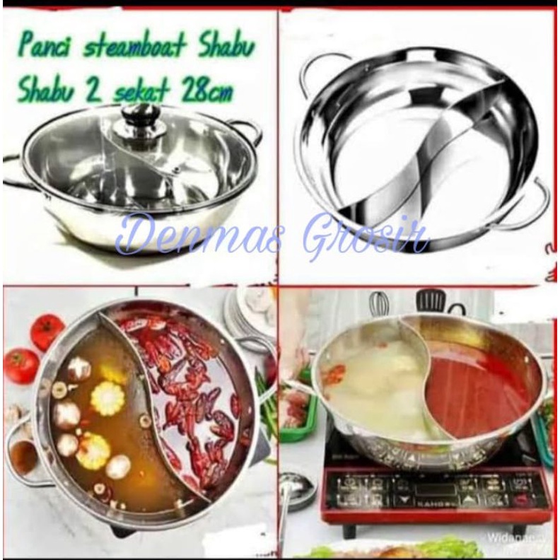 ( MURAH ) Panci Shabu 2 sekat / Panci stainless Tutup Kaca 28cm / Panci 2 sisi