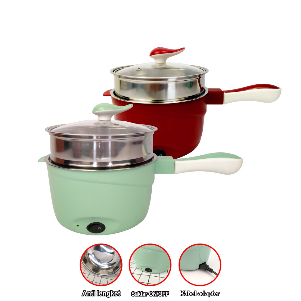 Panci Listrik Lapisan Keramik/Multifungsi Electric fry Pan 18cm Panci Kukus Plus Goreng Panci Elektrik Travel