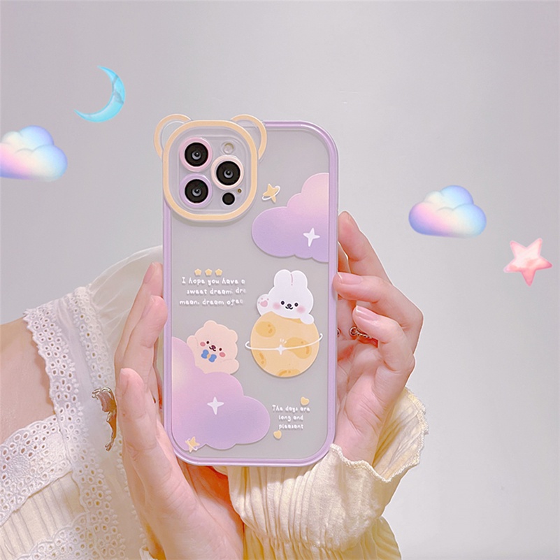 Soft Case TPU Transparan Motif Bulan Kelinci Beruang Untuk iPhone 13 12 11 Pro Max X Xr Xs Max SE 2020 8 7 6 6s Plus