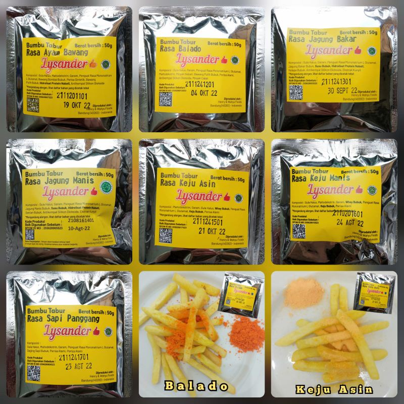 

Lysander Bumbu Tabur Tipe C 50gr : Ayam Bawang, Balado, Keju Asin dan Keju Manis.