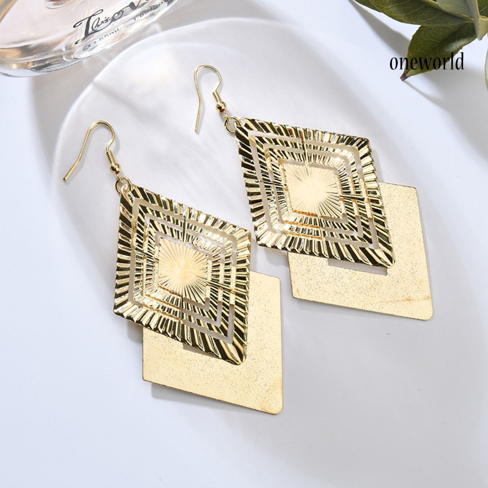 OW@ Fashion Matte Hollow Double Layer Jewelry Rhombus Long Dangle Hook Earrings