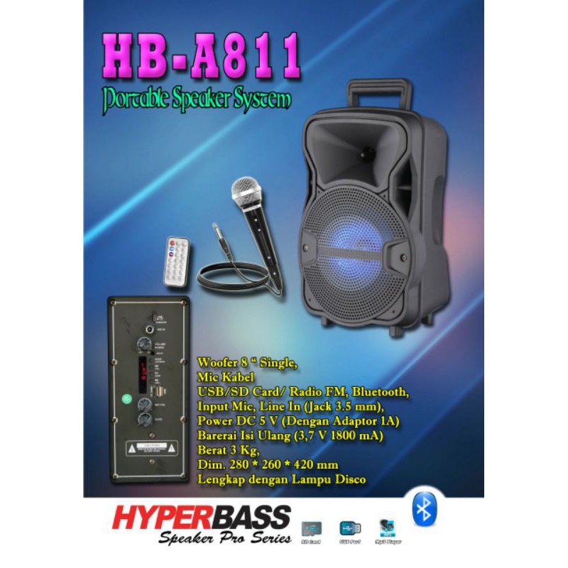 Speaker Portable 8 inch Hyperbass HB-A811, Bonus Mic