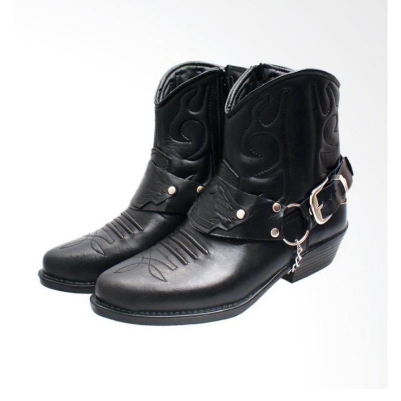 Sepatu Kowboy - Sepatu Boots Pria Sepatu Koboi Kulit Kowboy Bikers Coboy Moge Joungle Original Hitam Black