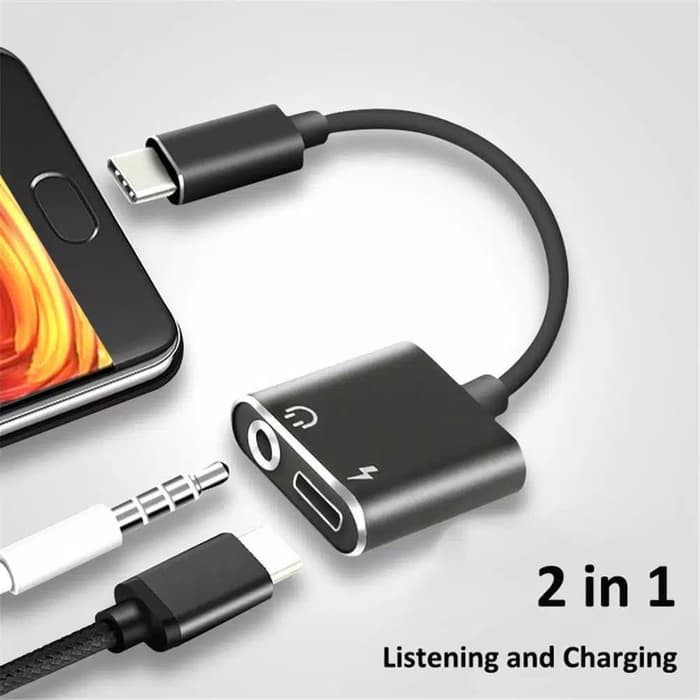 Kabel Adapter Charger 2 In 1 Tipe C Ke 3.5mm Jack Headphone AUX Audio USB C