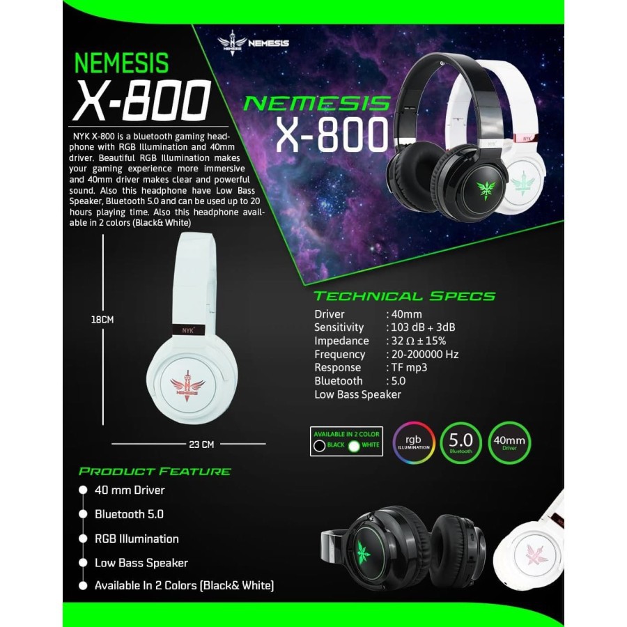 Headset gaming nyk nemesis bluetooth 5.0 wired audio 3.5mm stereo Rgb TF micro sd x800 - Headphone x-800