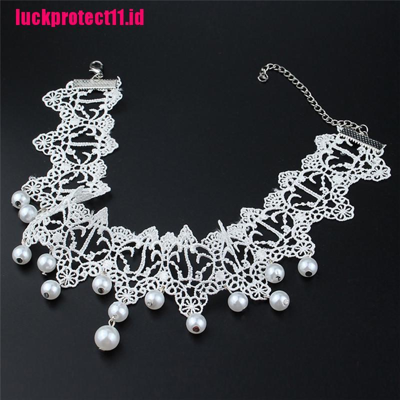 (LUCK) Kalung Choker Bahan Lace Hias Mutiara Gaya Trendy / Sexy / Romantis Kreatif Untuk Wanita