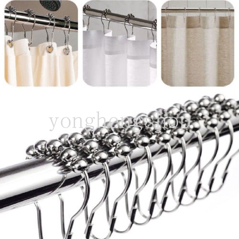 12pcs / set Kait Tirai Kamar Mandi Bahan Stainless Steel Anti Karat Dengan 5 Ring Roller