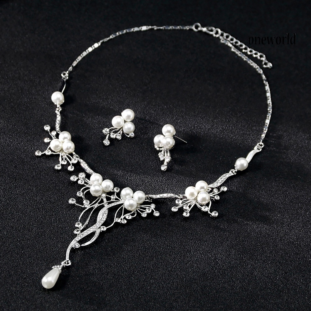 OW@ Rhinestone Faux Pearl Flower Necklace Earrings Women Wedding Jewelry Set