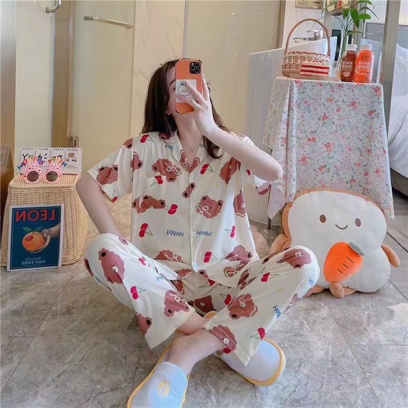 Baju tidur wanita / Piyama Cp baju tidur wanita krah pendek import kotak freesize-Cp.k HAPPY CHERYBEAR