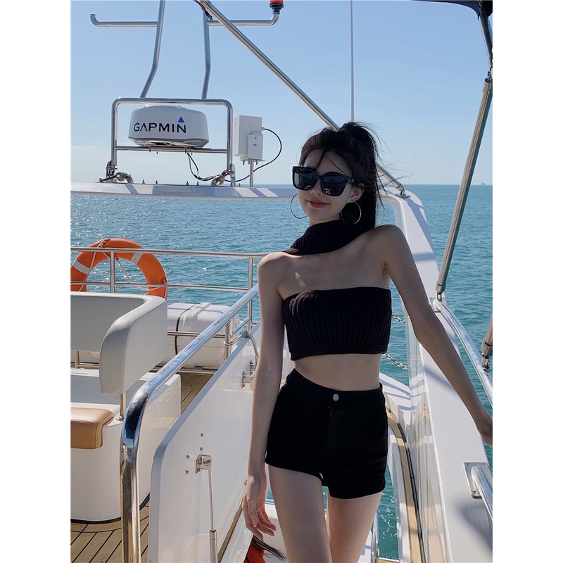 Suhao American Halter Knit Kamisol Tank Top Kemeja Bawahan Wanita Atasan Pendek