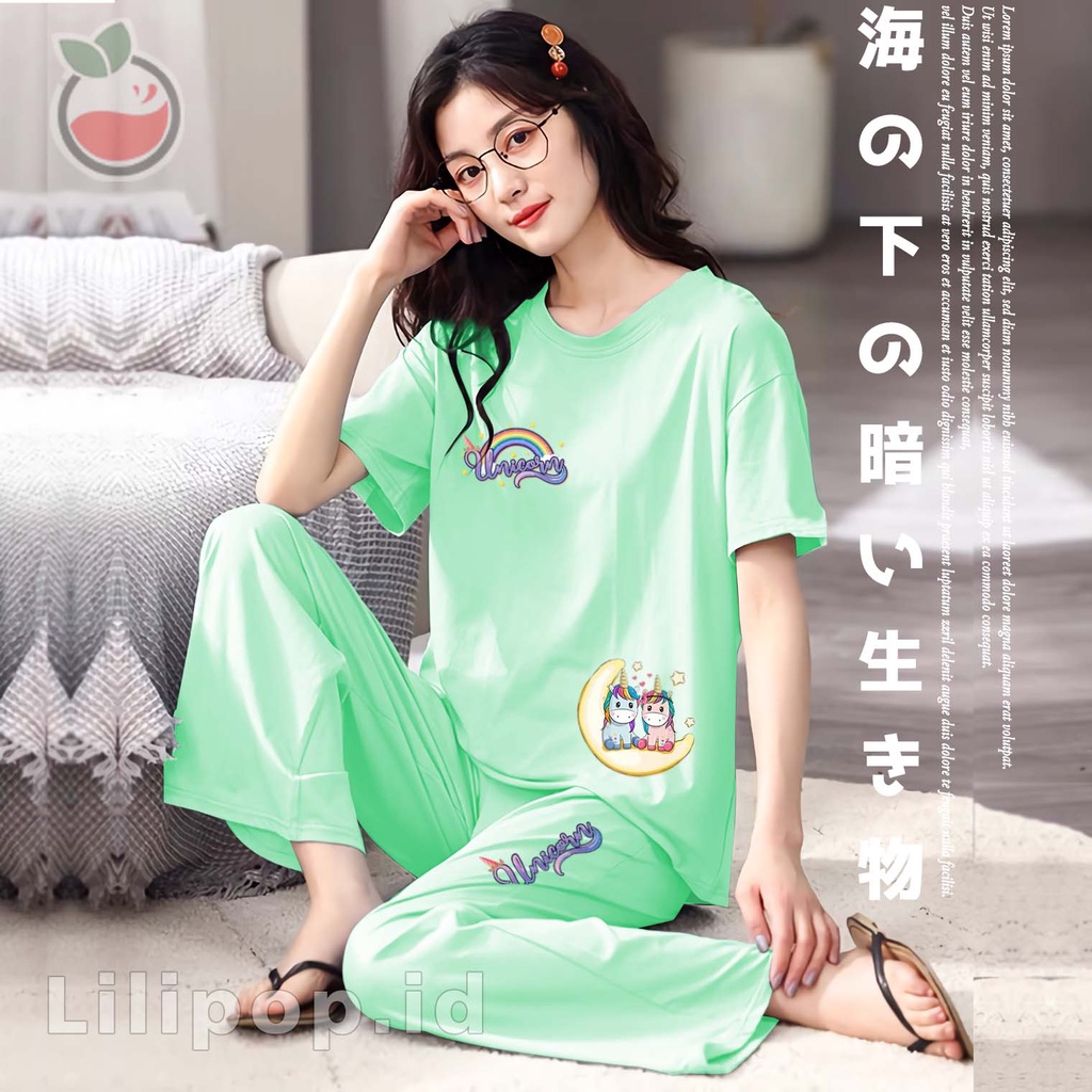 Baju Tidur Stelan Wanita Celana Panjang Dewasa Allsize Cp-Unicorn tosca