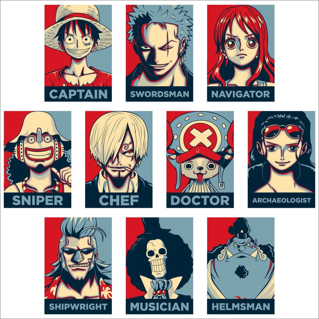 Poster A4 Anime One Piece - Karakter Mugiwara Kru Luffy Zoro Sanji Nami Usopp Chopper Robin Franky Robin Jinbei