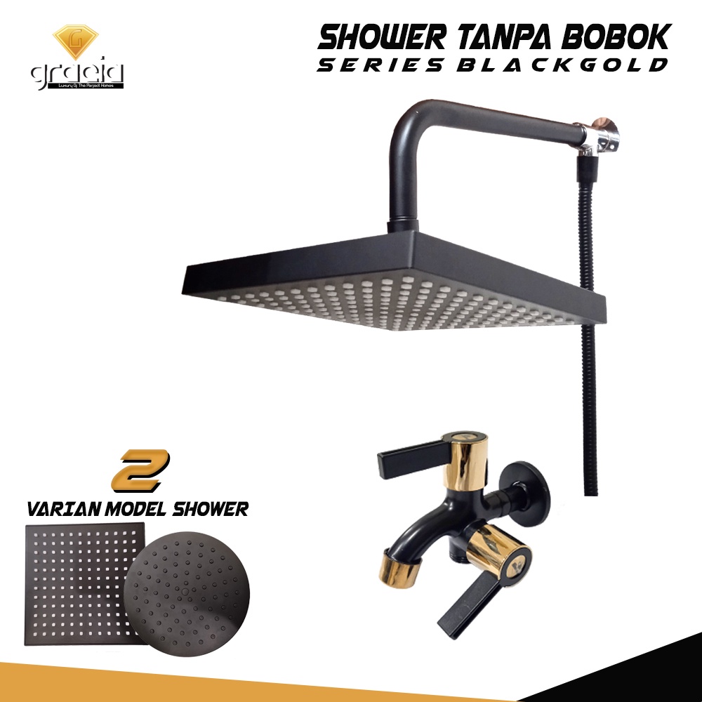 Shower Panas Dingin Black Tanpa Bobok Paket Komplite Serie Black Gold Kran Cabang | Shower Lebar 8inch Tebal Stainless | Shower Head Rainfall