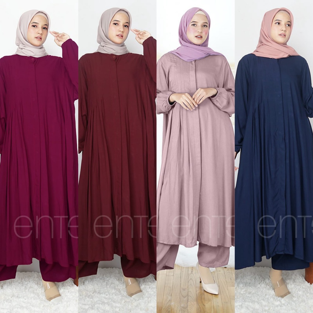 Habiba One Set Original Enter Setelan Long Tunik Jumbo SetCel Katun Viscose Premium Motif Polos LD13