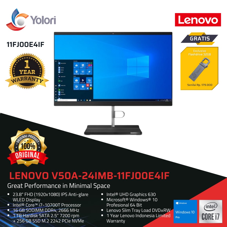 Lenovo V50a-24IMB AIO i7-10700T 16GB 1TB+256GB Intel UHD Windows 10 Pro (11FJ00E4IF)