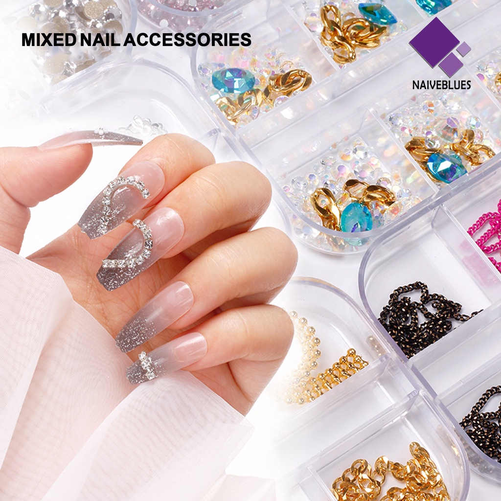 Naiveblue &gt; 12 Sekat / Kotak Rantai Glitter 3D Bahan Alloy Untuk Dekorasi Nail Art / Manicure DIY