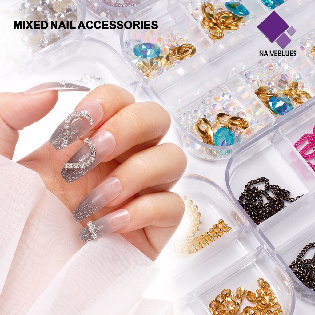 Naiveblue &gt; 12 Sekat / Kotak Rantai Glitter 3D Bahan Alloy Untuk Dekorasi Nail Art / Manicure DIY