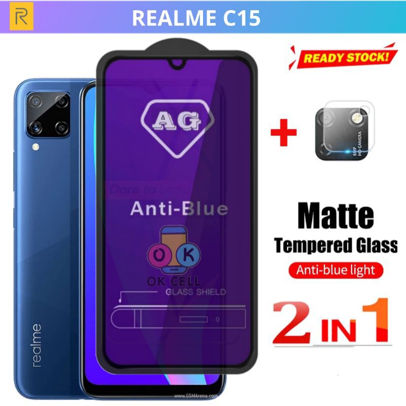 2in1- Tempered Glass Blue Matte Realme C15 - TG Anti Gores Full Layar Kamera Screen Protector