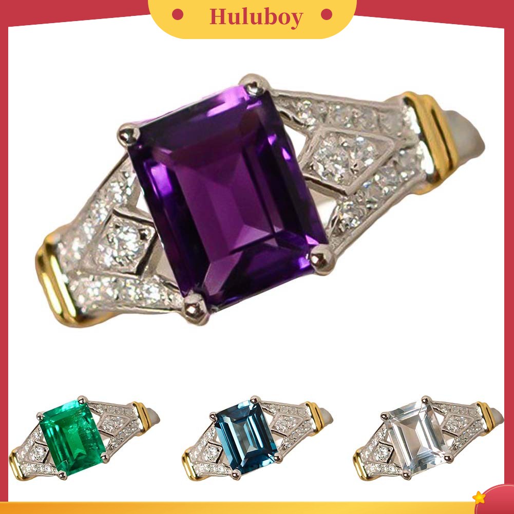 Hu Hu Hu Hu Hu Alat Bantu Pasang Kacamata♡ Cincin Kawin / Tunangan Cubic Zircon Persegi Panjang Hias Berlian Imitasi Untuk Wanita