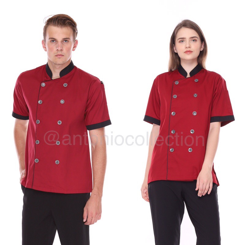 Baju Koki / Chef Putih Lengan Pendek List Hitam-Maroon
