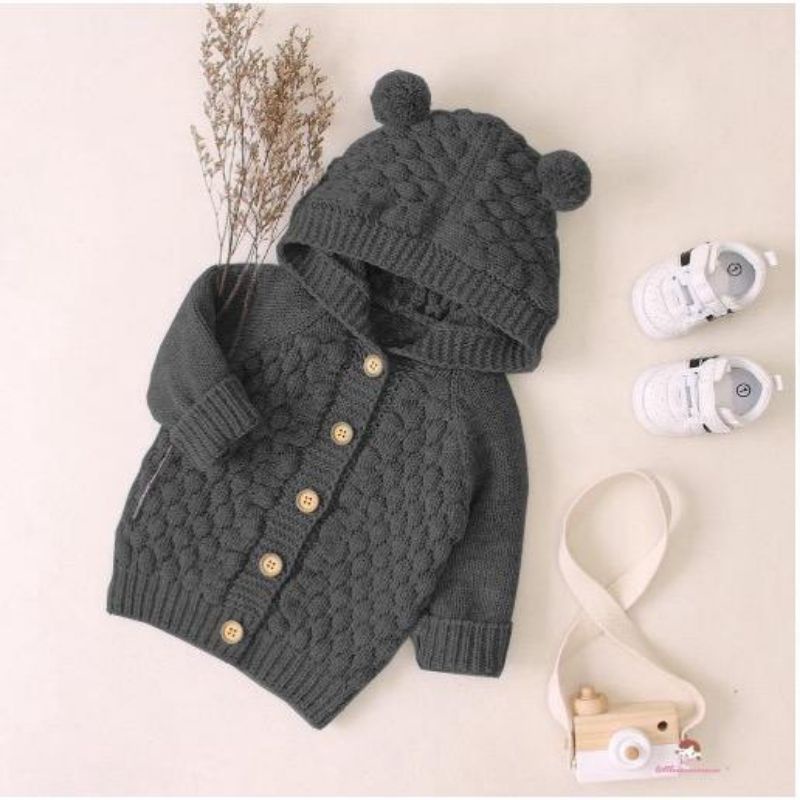 J(READY STOCK) Jaket Bayi rajut Tebal Jumpsuit Rajut Baju cardigan bayi baju hoodie popcorn pompom Jumper jaket aket Bayi Rajut Baju cardigan rajut bayi Baju bayi Jaket bayi rajut cardigan bayi baju rajut hoodie