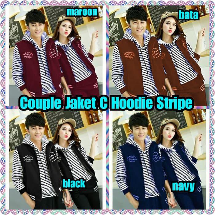 Termurah Couple Jaket C Hoodie Stripe - Hitam