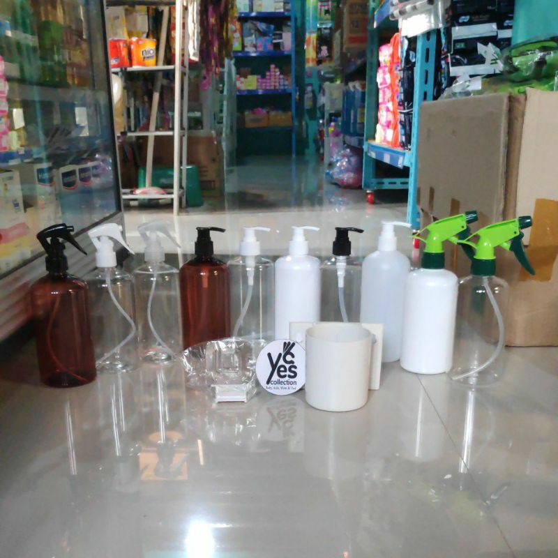 Botol Kosong 500 ml Transparan Coklat Milk Susu Putih Spray Pump isi ulang Braket Holder Gantung Gantungan Polos Sanitizer Sabun Sampo premium quality