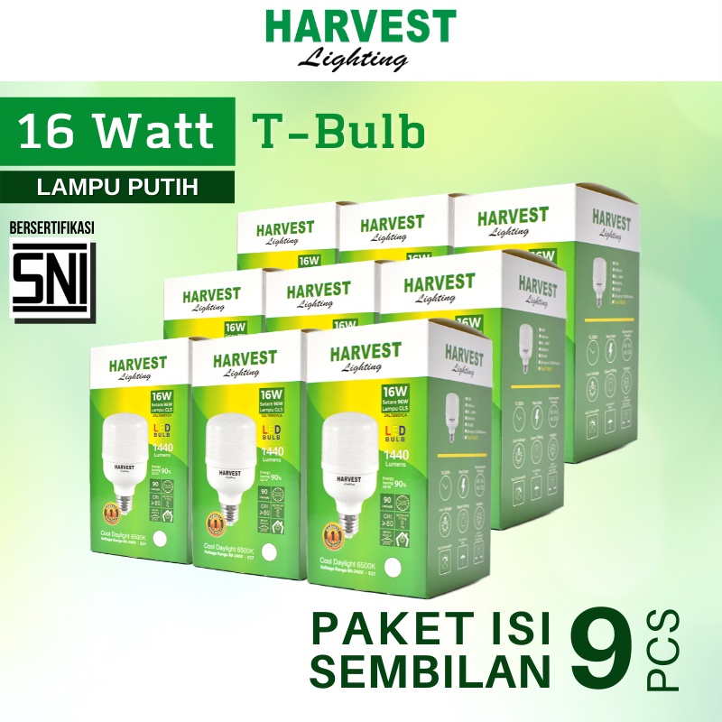 16W - Paket Isi 9 - HARVEST LIGHTING Lampu Kapsul LED T-Bulb 16 watt Lampu Hemat Energi Original Bersertifikat SNI dan Bergaransi